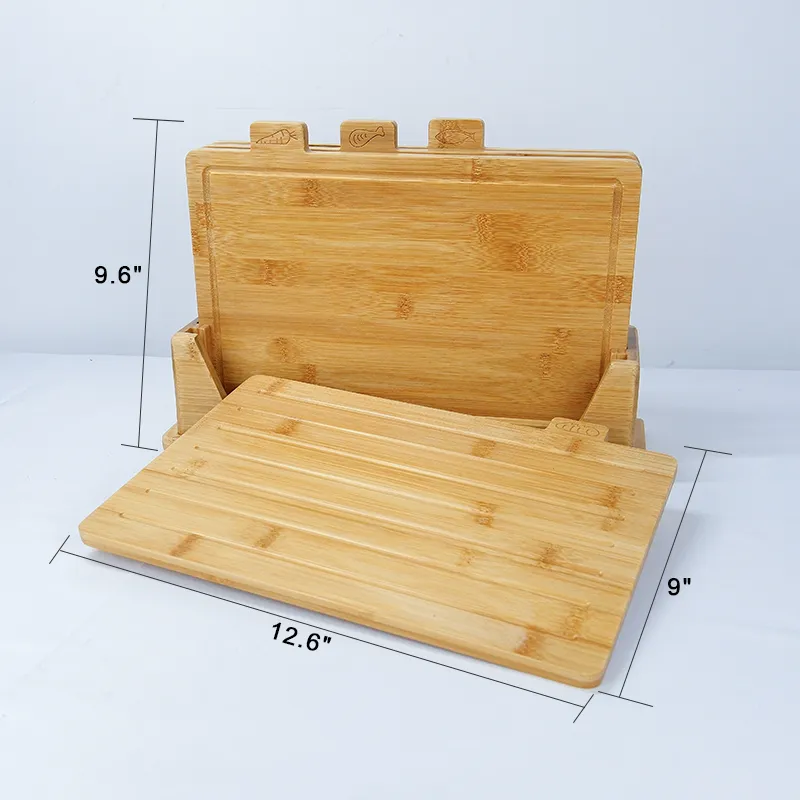 4-Piece Bamboo Cutting Board Set with Holder and Food Icons