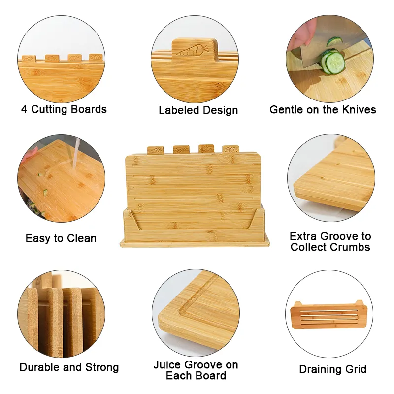 Set de tablas de bambú, 4 piezas, con soporte e iconos de comida