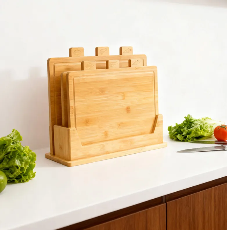 Set de tablas de bambú, 4 piezas, con soporte e iconos de comida