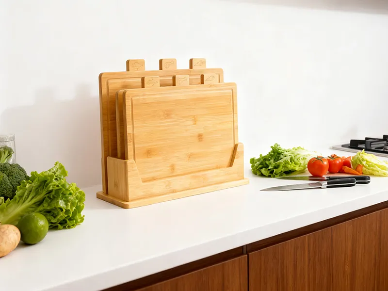 Set de tablas de bambú, 4 piezas, con soporte e iconos de comida