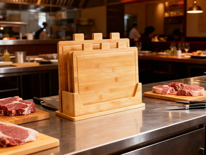 Set de tablas de bambú, 4 piezas, con soporte e iconos de comida