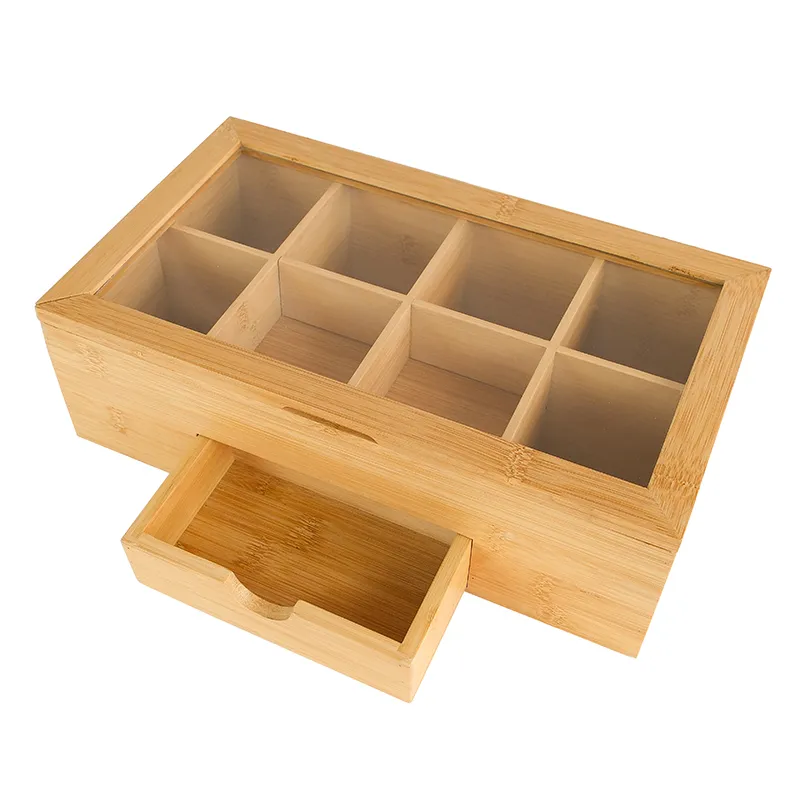 8 Compartments Bamboo Storage Box with Acrylic Window and Magnetic Lid
