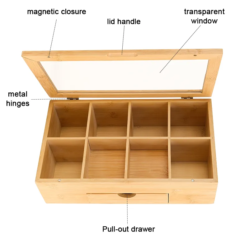 8 Compartments Bamboo Storage Box with Acrylic Window and Magnetic Lid