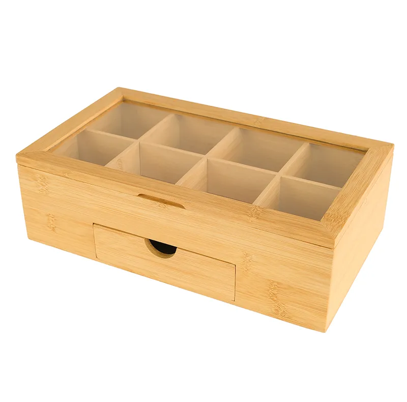 8 Compartments Bamboo Storage Box with Acrylic Window and Magnetic Lid