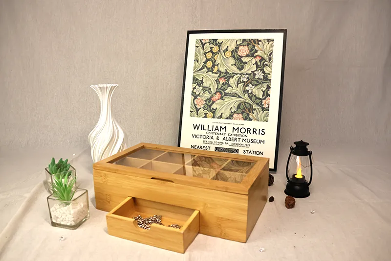 8 Compartments Bamboo Storage Box with Acrylic Window and Magnetic Lid