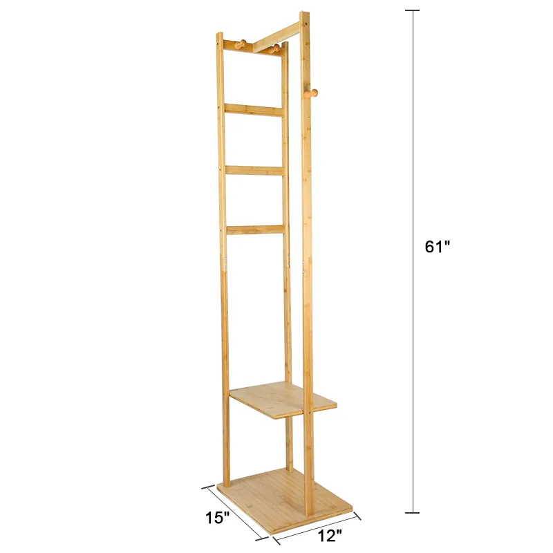 Solid Bamboo Freestanding Coat Rack with Storage
